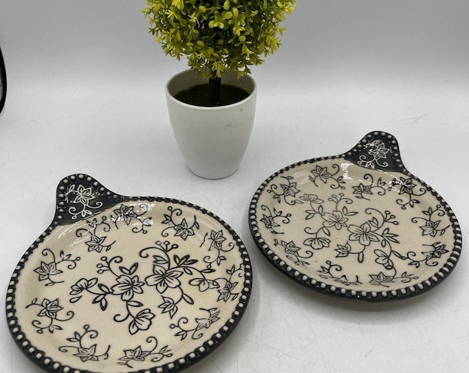 Pair Ceramic Appetizer Plates Black White Floral Beaded Border Tab Handle