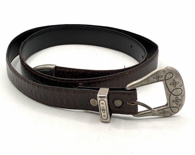 Vintage Brown Croc Embossed Belt Size 14 Ornate Silver Tone Western Buckle