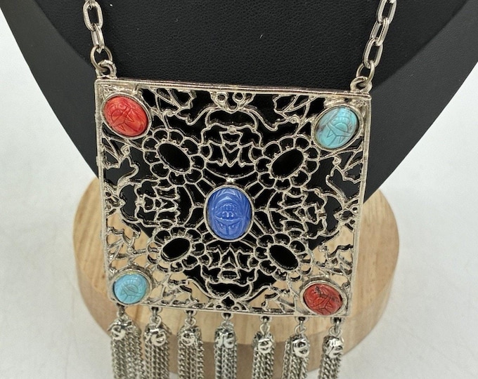 Vintage Egyptian Revival Scarab Necklace Filigree Cabochon Fringe Statement 18"