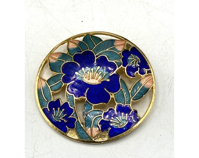 Vintage Cloisonné Floral Brooch – Blue Enamel Round Openwork Gold Tone 2” Pin