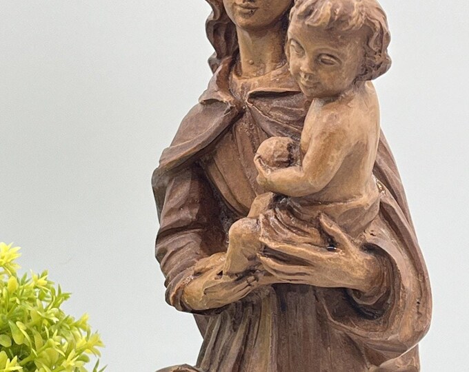 11.5” Brown Resin Sculpture Madonna And Child Mary Jesus Religious Art