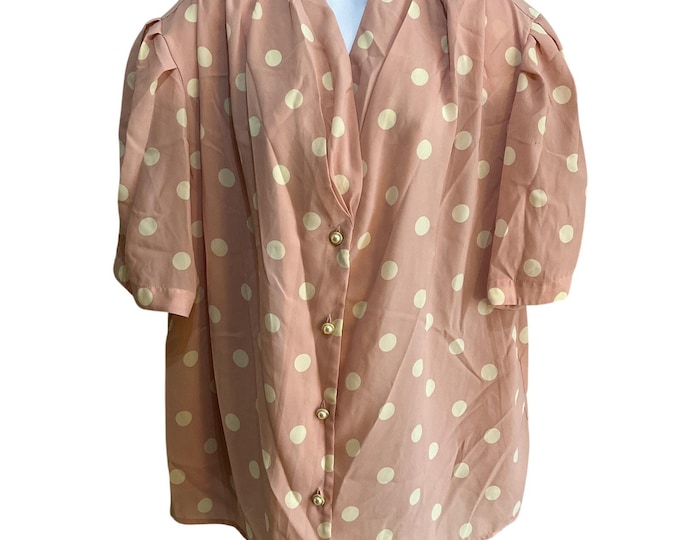 Vintage Jordan Plus Size 22W Pink Polka Dot Button Front Blouse 80s 90s