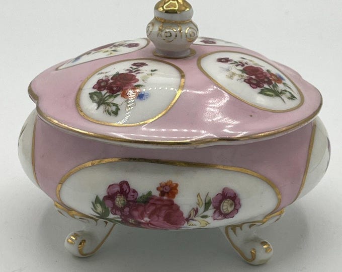 Vintage Pink Floral Porcelain Trinket Box Footed Lidded Gold Trim Vanity Dish