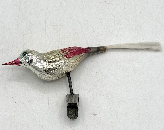 Antique German Mercury Glass Clip On Bird Ornament Pink Silver Spring Clip