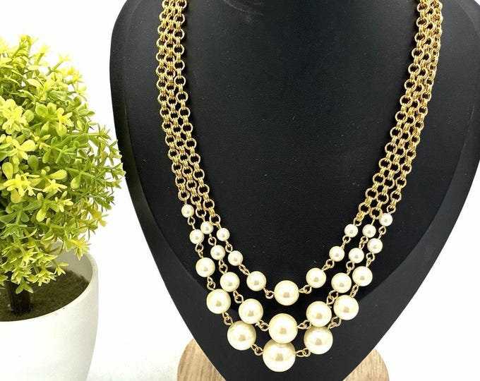 Vintage Avon Triple Strand Faux Pearl Necklace, Graduated Gold Tone Statement