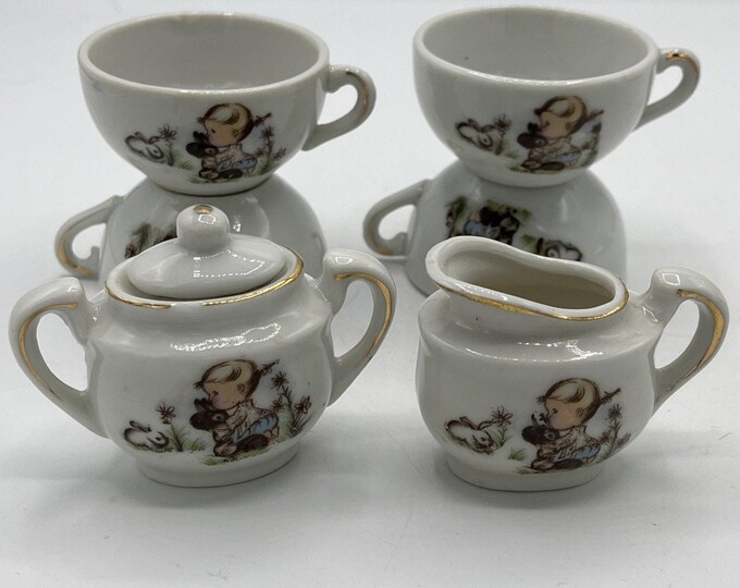 Vtg Set 6 Mini Porcelain Little Girl & Bunnies Tea Set Cups Creamer Sugar Japan