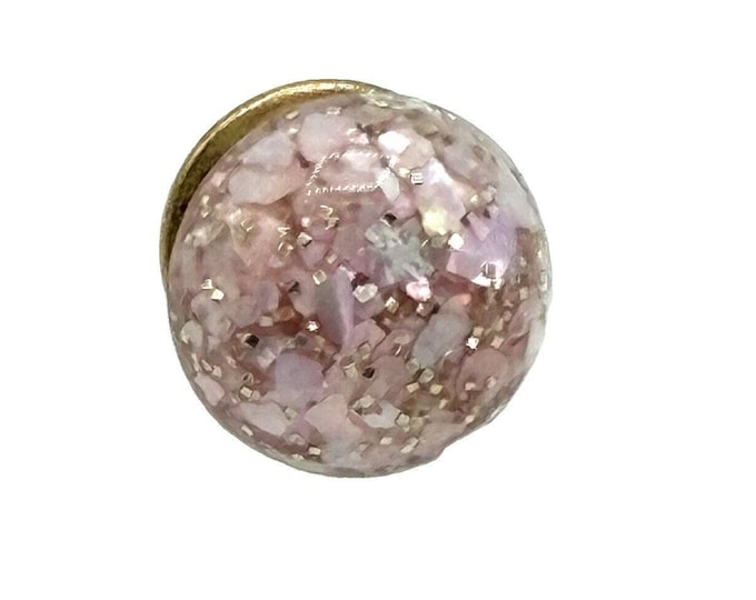 Vintage Pink Confetti Lucite Stud Pin Gold Tone Round Dome Design