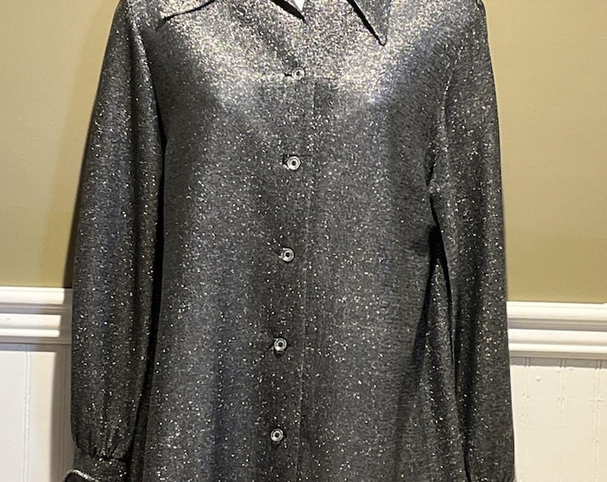 Vintage Styled By Terry Silver Metallic Blouse 70s Mod GoGo Button Top S/M