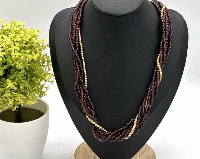 Vintage Multi Strand Twisted Burgundy Glass Seed Bead Gold Necklace 18 Inch