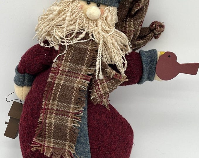 Primitive Folk Art Weighted Santa Claus Fabric Doll Yarn Beard Wooden Bird 16"
