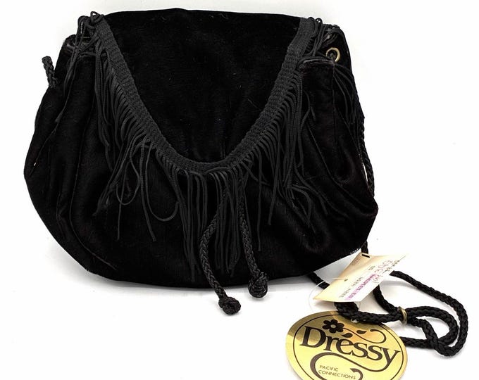 Vintage Dressy Black Velvet Fringe Drawstring Evening Purse NOS 8”