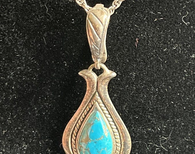 Vintage BGE Sterling Silver Natural Turquoise Detachable Latch On Pendant Chain