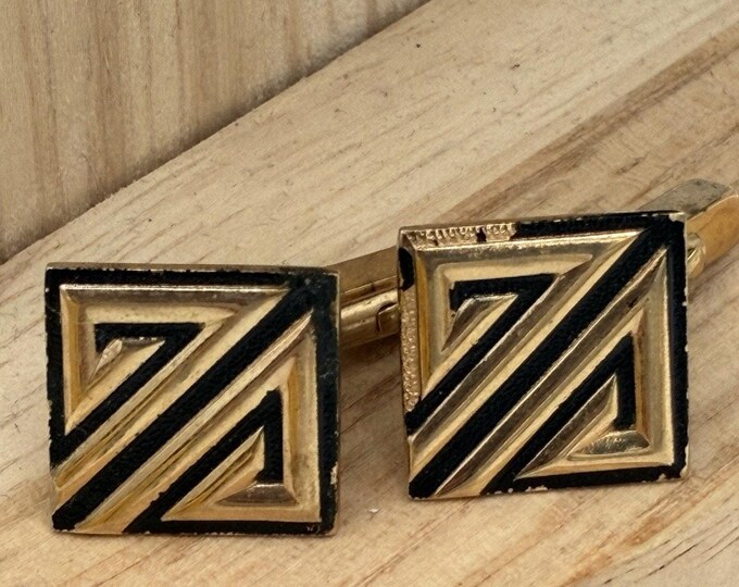 Vintage Swank Cufflinks Black Gold Geometric Art Deco Square Mid Century