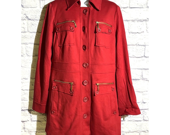 INC Red Utility Jacket Women’s Large – Gold Zip Pocket Button Front Fashion Coat
