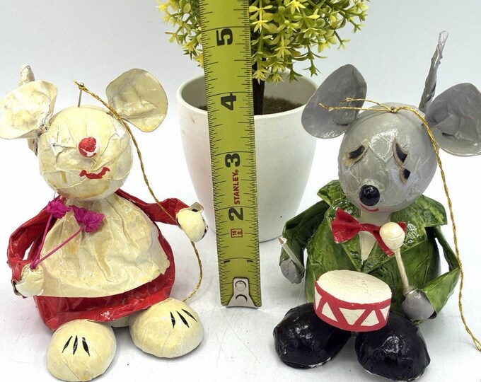 Vintage Spun Cotton Papier Mache Mouse Ornament Pair Folk Art Christmas 3.5 Inch