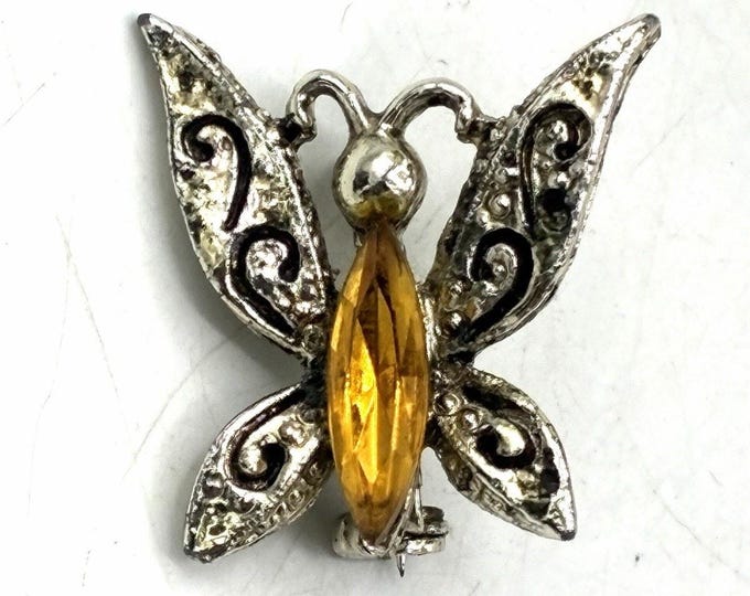 Vintage Butterfly Brooch Silver Tone Orange Rhinestone Scroll Wing Figural Pin