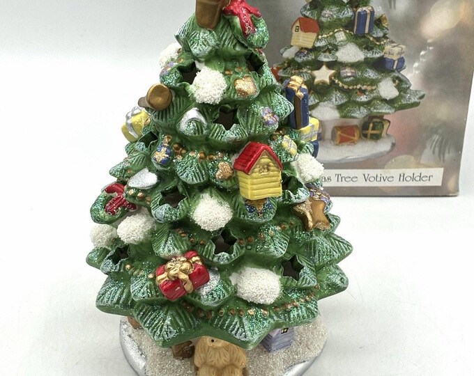 Christmas Tree Votive Candle Holder 8” Ceramic Lighted Holiday Decor NOS Box