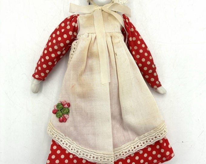Vintage 8” Porcelain Cloth Doll Red Polka Dot Dress Bonnet Embroidered Apron