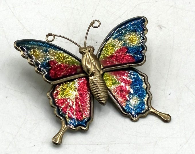 Vintage Enamel Butterfly Brooch Multicolor Glitter Gold Tone 2 Inch