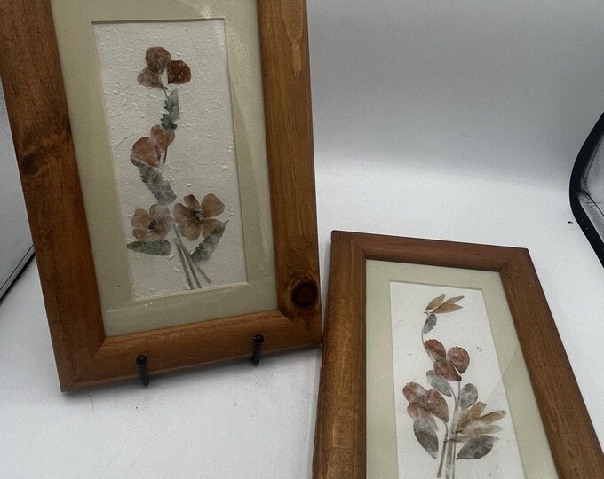 Pressed Botanical Flower Art Pair – Handmade Paper & Wood Frame Cottage Décor