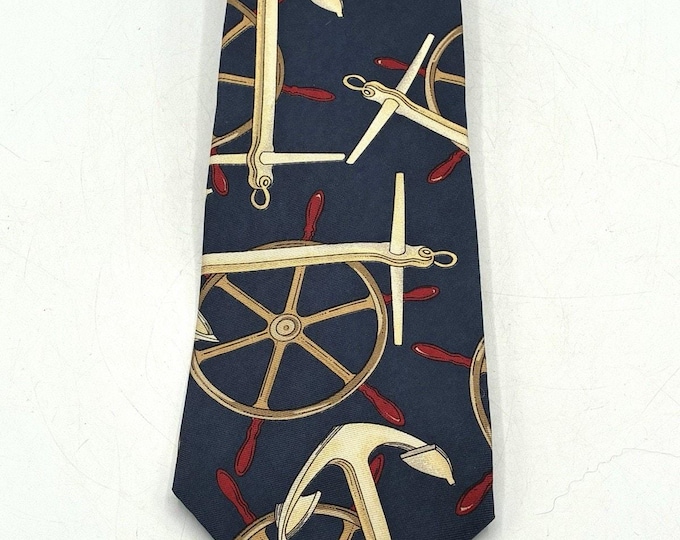 Vintage Tom James Silk Tie Nautical Anchor Ship Wheel Navy Red Novelty