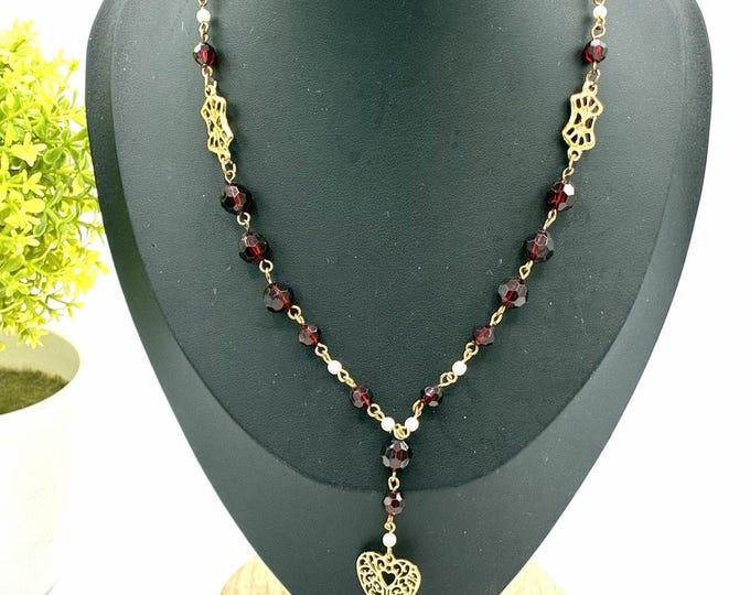 Maggie Lawrence Necklace Red Faceted Beads Gold Heart Pendant 16” Korea Y Drop