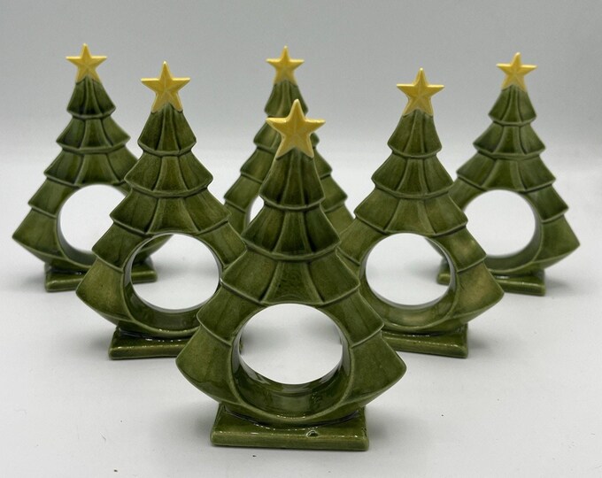 Vintage Hand Painted Glazed Ceramic Xmas Tree Napkin Holder Set Of 6 4”T 1982