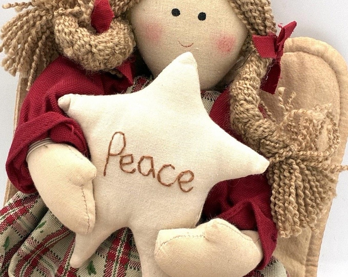 Vintage 1989 Christmas Angel Hanging Doll 15 Inch Primitive Folk Art Peace Star