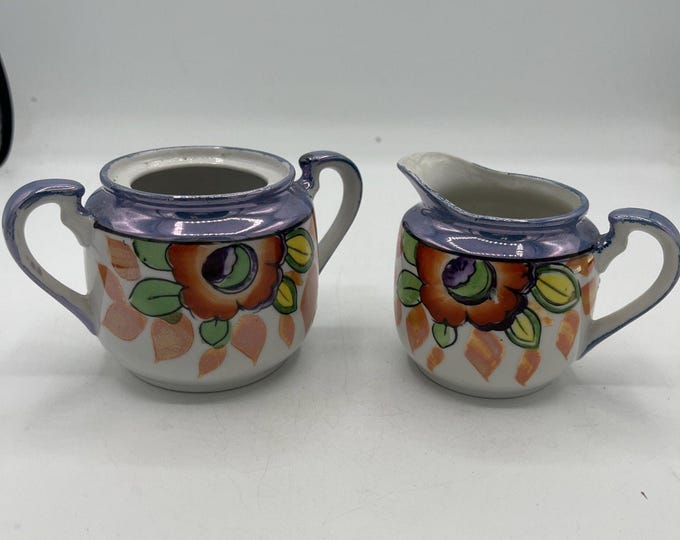 Vintage Trico Hand Painted Nagota Japan Creamer And Sugar Bowl No Lid Iridescent
