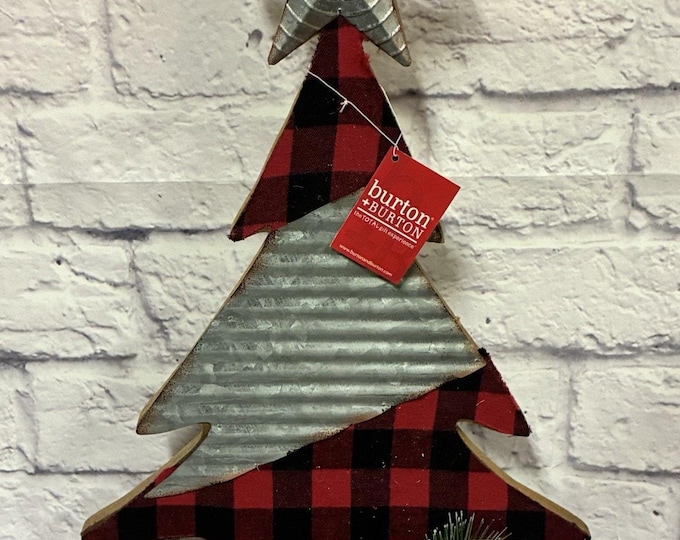 Burton + Burton 17” Christmas Tree Buffalo Plaid Galvanized Metal Farmhouse