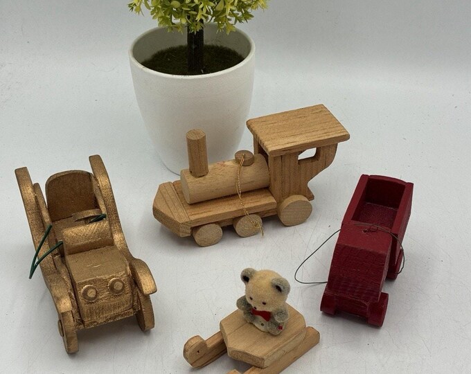 Handmade Wood Christmas Ornament Set 4pc Folk Art Train Car Truck Bear Sled