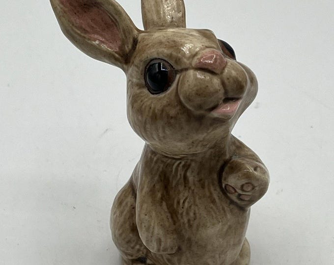 Vintage 4.5” Handcraft Studio Ceramic Painted Bunny Rabbit Brown Pink 1970s