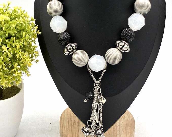 18” Black White Silver Tone Beaded Tassel Statement Necklace Chunky Boho