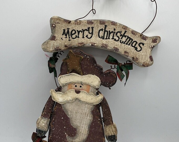 Vintage Rustic Merry Christmas Santa Hanging Sign Old World Santa Farmhouse