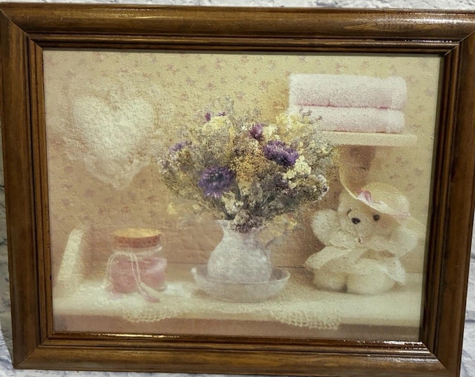 Vintage Cottage Still Life Print — Teddy Bear & Dried Flowers, Framed Wall Art (13x12)