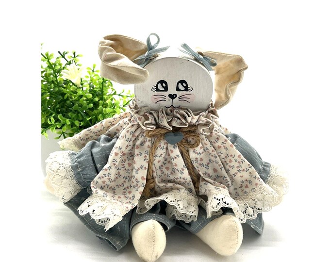 Vintage 6” Mixed Media Wooden Bunny Figurine Folk Art Floral Dress Cottagecore Decor