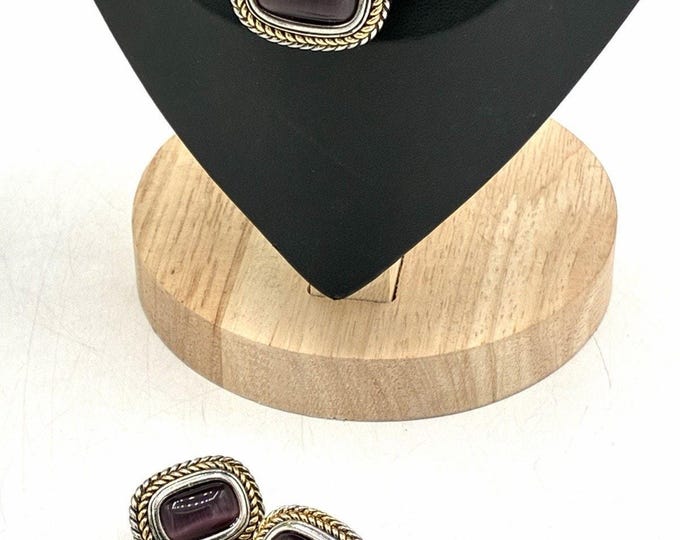 Purple Cabochon Necklace Clip Earrings Set Silver Gold Tone Vintage Style 15”