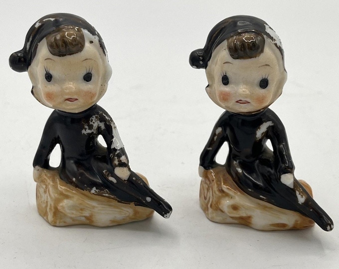 Vintage Pair Pixie Elf Figurines Black Costume Tree Stump Seated Japan 3 in