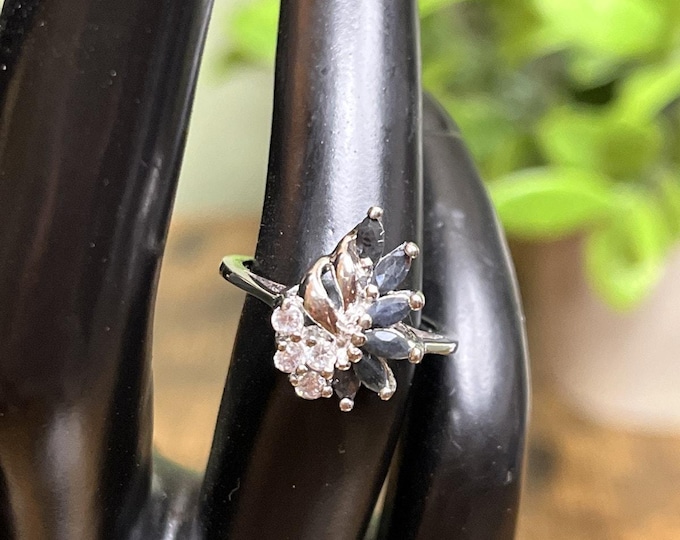 VTG RJ Graziano For Avon Sterling Silver 925 Black Sapphire Size 7 Floral leaf