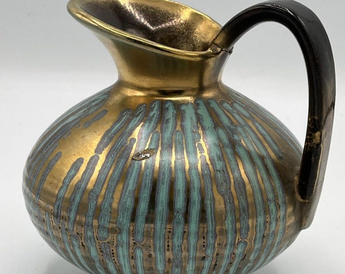 Carstens Tönnieshof Pottery Vase Pitcher – Gold Turquoise Drip Glaze Germany MCM 461