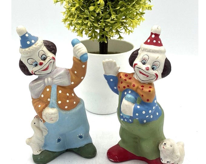 Vintage Hand Painted Ceramic Clown Figurines Pair Circus Carnival Polka Dot