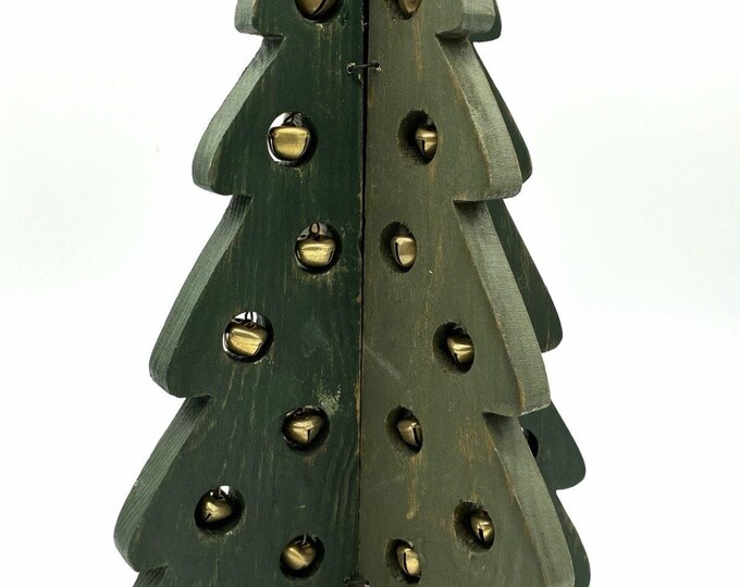 Primitive Wood Christmas Tree Jingle Bells 11” Folk Art Rustic Holiday Decor