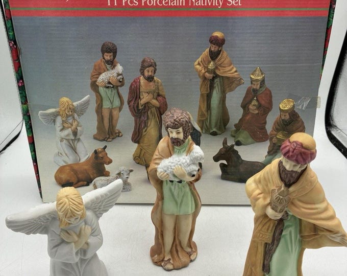 Vintage 1996 Artmark 11 Piece Porcelain Nativity Set, Boxed Christmas Creche