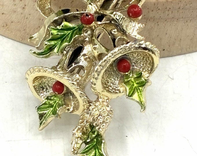 Vintage Gerry’s Christmas Bells Brooch Gold Tone Holly Red Berries Holiday Pin