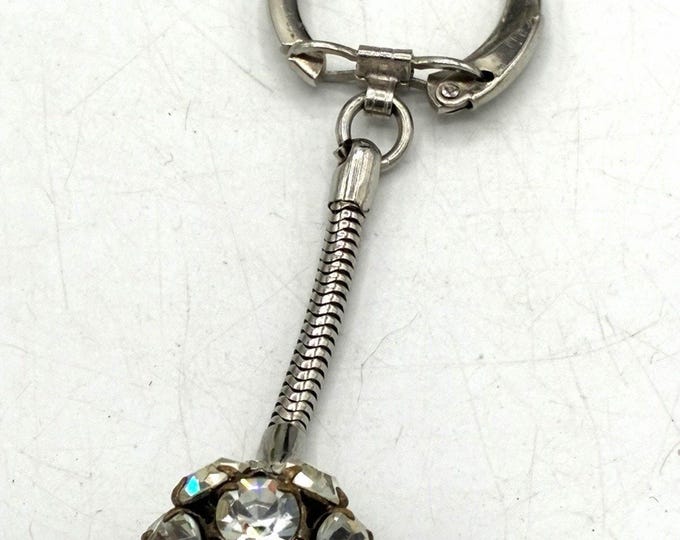 Vintage Rhinestone Crystal Ball Keychain Silver Tone Novelty Key Ring Glam