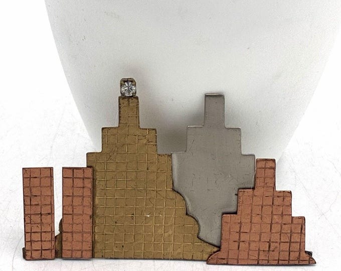 Vintage Mixed Metal Art Deco City Skyline Brooch Copper Brass Silver Rhinestone