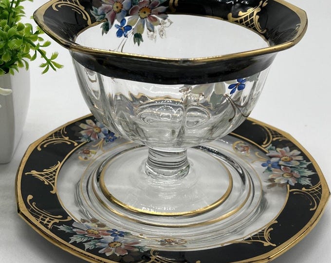 Vintage Hand Painted Glass Compote Pedestal Cup Saucer Black Gold Floral Decor