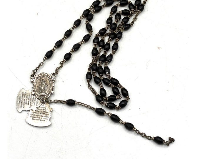 Vintage Catholic Rosary Black Beads Miraculous Medal 1830 Mystery Tablets