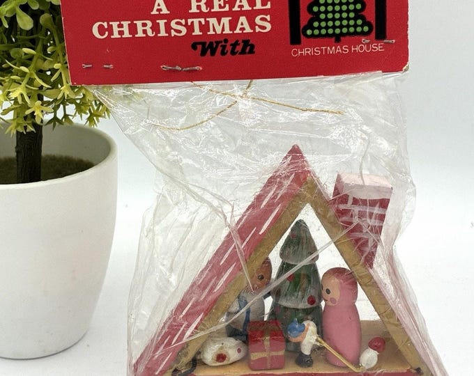 Vintage Wooden Christmas House Diorama Ornament Miniature Figures Tree Taiwan
