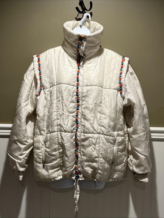 Bogner, Vintage Bogner Ski Jacket Ivory Colorful Fringe High Neck Sz L?